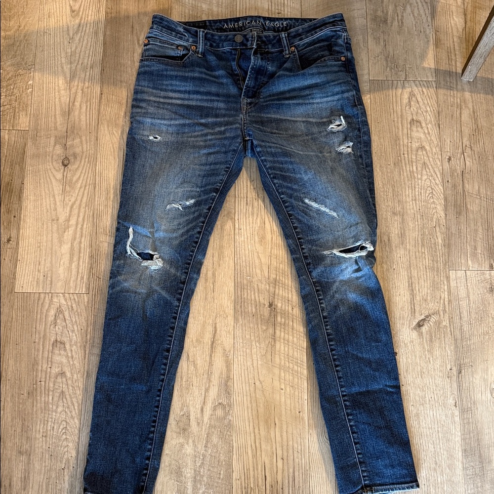 American Eagle Outfitters Men's Ripped Dark Blue Skinny Jeans